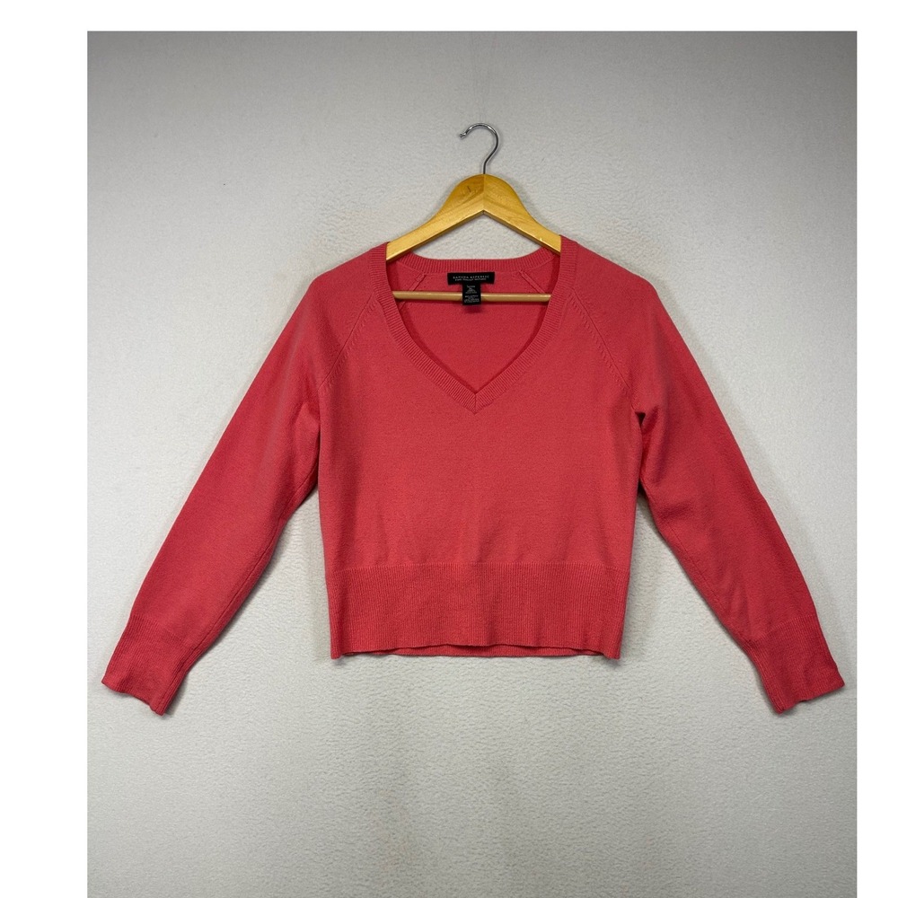 Preppy Banana Republic Womens PL Coral Pink Merino Wool V-Neck Raglan Sweater